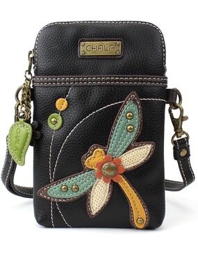 Chala Black cell phone Crossbody Bag with Colorful Dragonfly